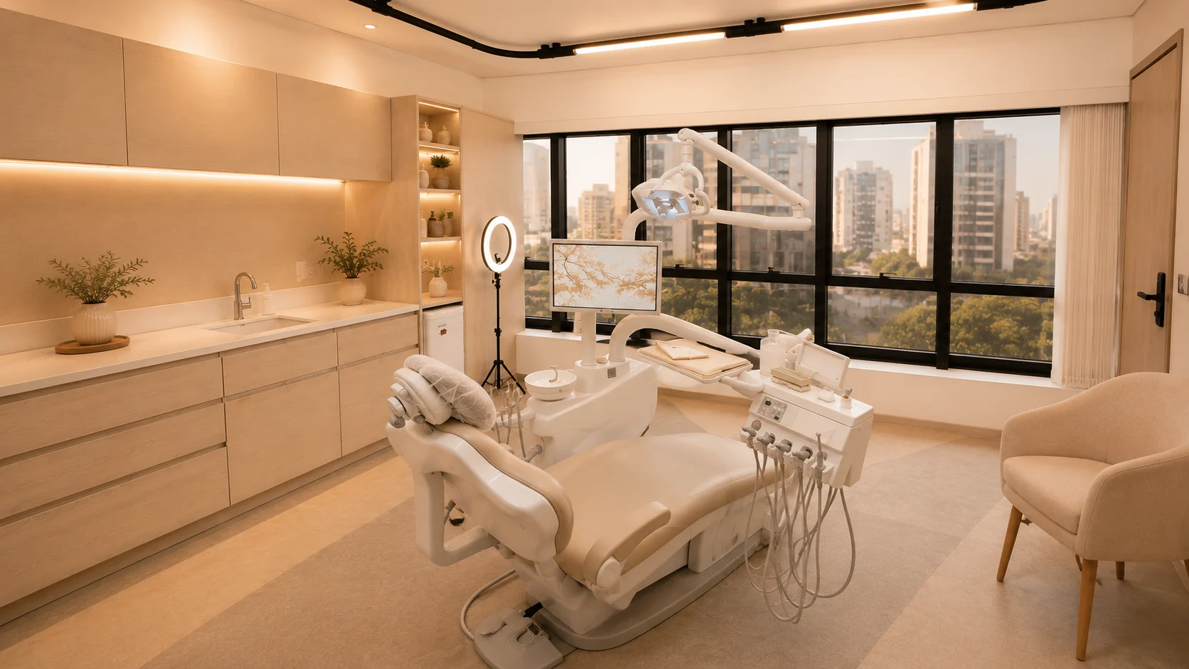 Consultório Zago Odontologia em Moema, ambiente claro e acolhedor com equipamentos modernos e vista para São Paulo